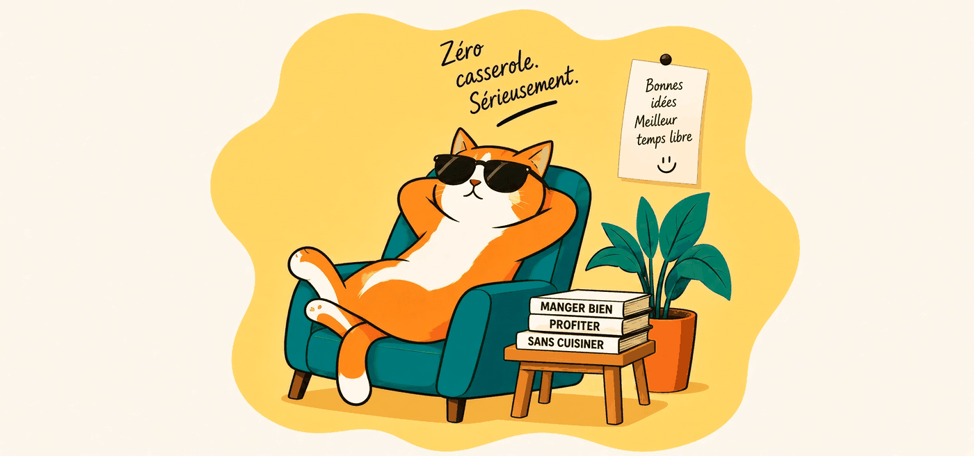 Un chat à lunettes de soleil, allongé dans un fauteuil, à côté d'une pile de livres intitulés « Manger bien », « Profiter », « Sans cuisiner »